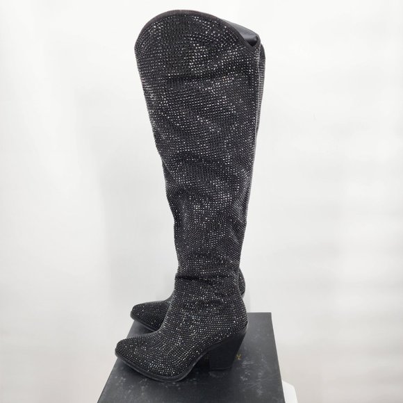 AZALEA WANG Nash Crystal Knee High Cowboy Boots Black NWT - Picture 6 of 13